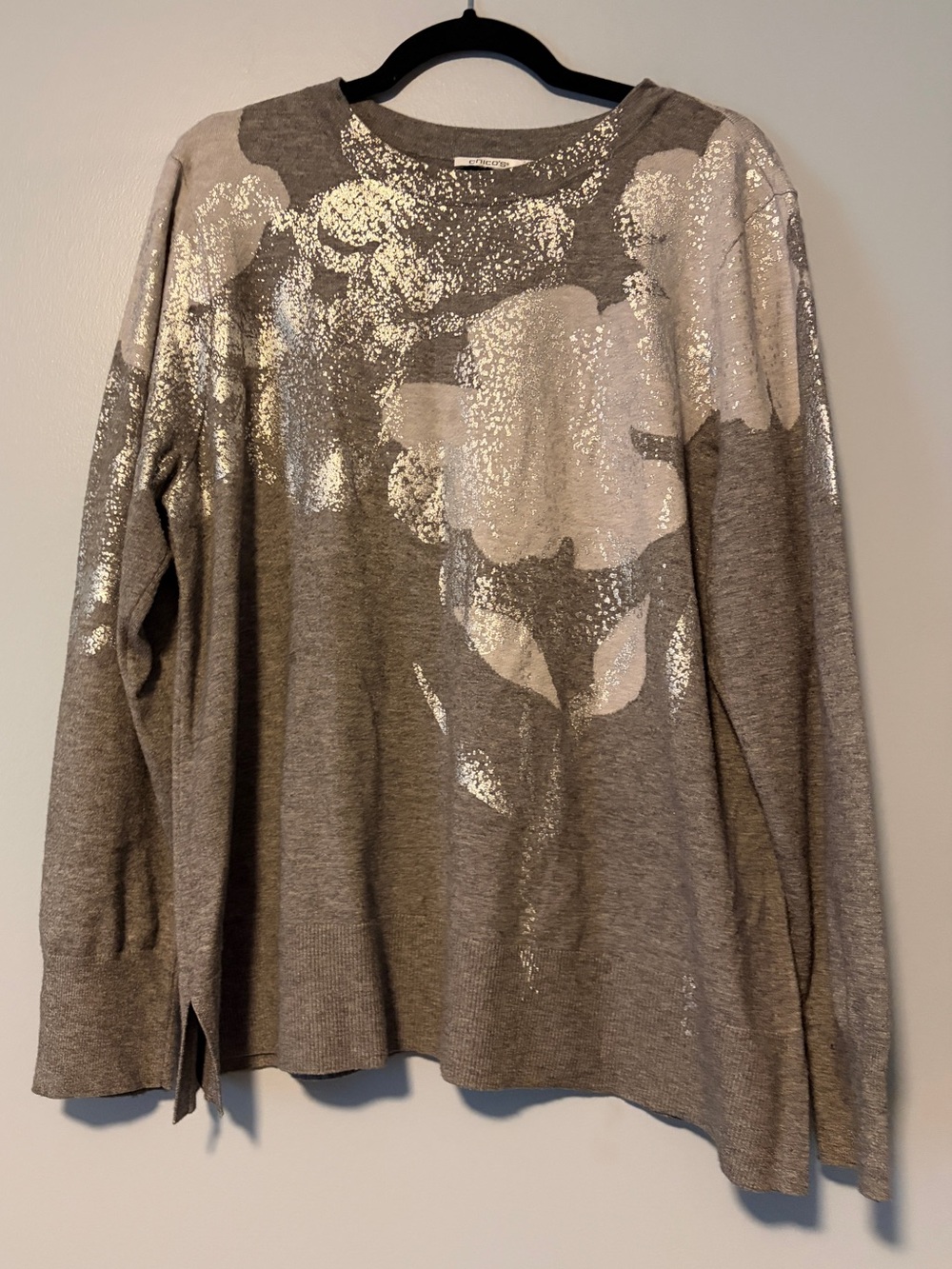 Chico's Gray Crewneck Sweater with Silver Metallic Floral